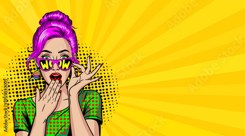 Pop Art Woman with Purple Hair Bun and WOW Sunglasses Hands on Face - Retro Comic Book Style Illustration on Yellow Sunburst Background