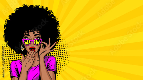 Pop Art African American Woman with Afro Hair and WOW Sunglasses Hands on Face - Retro Comic Book Style Illustration on Yellow Sunburst Background