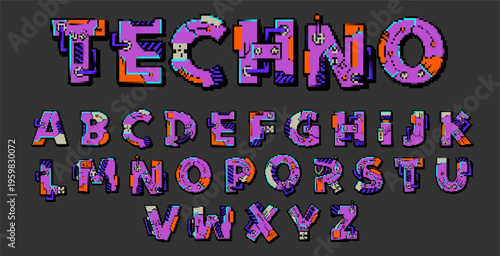 Techno Pixel Alphabet Font Set - Futuristic Digital Typography with Geometric Retro Computer Style Letters on Dark Background