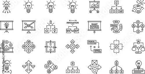 Innovation and Smart Business Solutions Icons Set Featuring Lightbulb, Technology, Growth, and Business Development Symbols