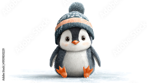 An adorable, fluffy baby emperor penguin wearing a cozy blue and orange knitted winter hat with a playful pom-pom, sitting sweetly in the snow, radiating charm and warmth