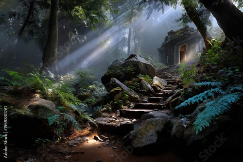 ancient jungle temple with stone steps and sun rays piercing through misty forest, lush tropical greenery surrounding mystical ruins in a serene and enchanted landscape