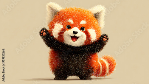 Cute Fluffy Red Panda Character with Raised Arms, Adorable Animal Illustration for Children's Designs