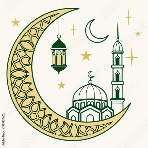 A vector graphic illustration of a mosque and crescent moon with a lantern and stars