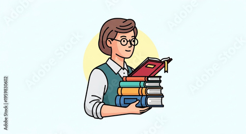 Illustration of a bespectacled woman holding a stack of books with an open book on top.