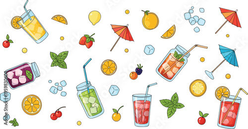 Hand Drawn Summer Beverage and Beach Party Vector Icon Set Featuring Mason Jar Drinks Cocktail Umbrellas and Fruit Slices for Seasonal Graphic Designs