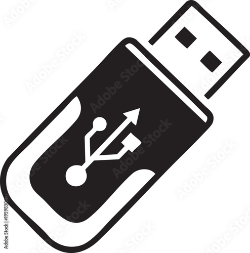 The illustration shows a black and white USB flash drive with arrows.