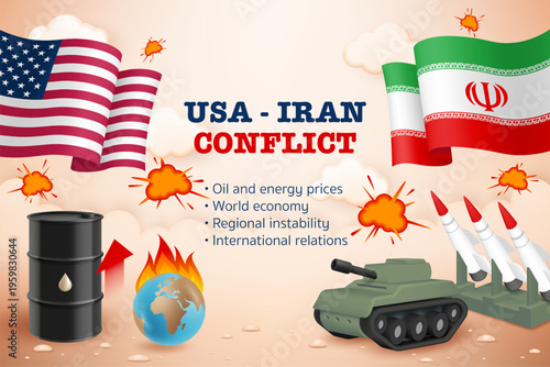 USA and Iran conflict concept banner with flag, missile, tank, oil barrel and burning earth. Global crisis affecting energy prices, world economy, regional instability and international relations