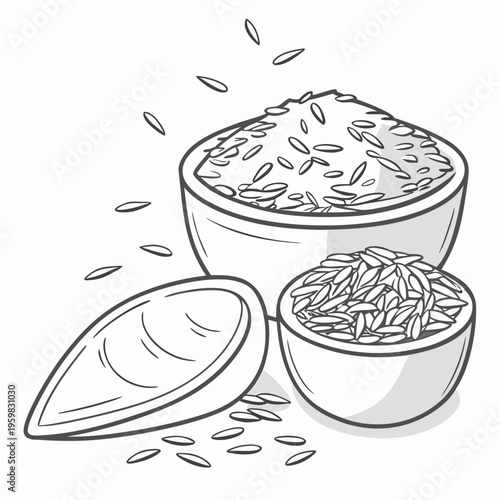 Bowls of rice with seeds spilling out food black and white