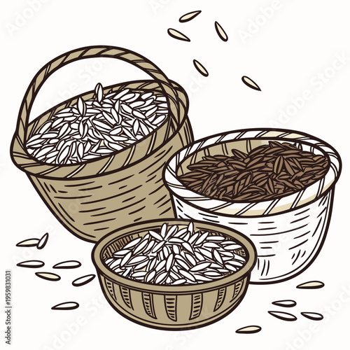 Buckets and baskets filled with rice and grains food