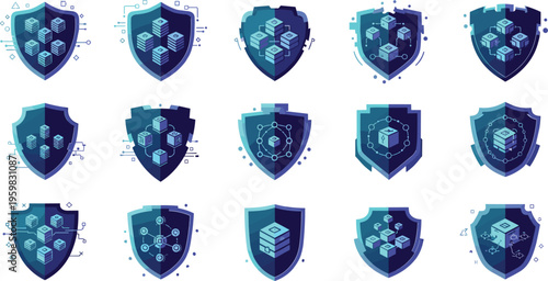 Cybersecurity Shield and Blockchain Protection Icon Set Featuring Abstract Geometric Designs, Digital Security, and Tech Solutions