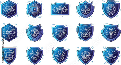 AI Cybersecurity Shield Icon Collection Featuring Digital Protection, Data Security, and Artificial Intelligence Technology for Modern Tech Design Projects