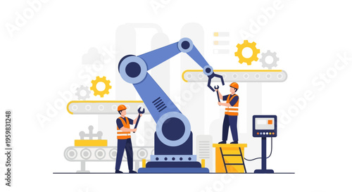 Engineers Working with Robotic Arm on Production Line. Industrial Automation, Manufacturing, and Maintenance Technology Concept.
