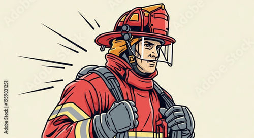 Illustration of a Focused Firefighter in Full Gear Ready for Action.