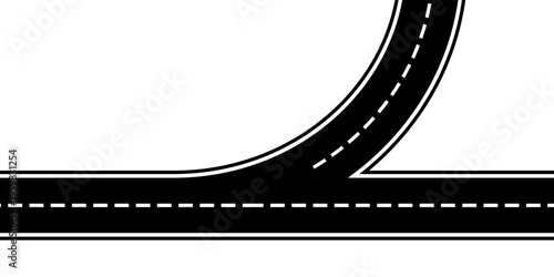 Winding and fork highway. Path with fork, asphalt strip. Change of direction and choice. Element of constructor for creating traffic. Cars and other vehicles. Vector illustration.