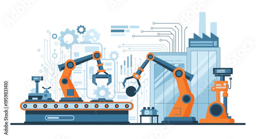 Industrial Automation: Robotic Arms, Conveyor Belt & Smart Factory Production Line - Modern Manufacturing Technology Concept