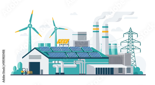 Sustainable and Conventional Energy Power Plant Illustration. Green Power Generation with Solar Panels, Wind Turbines, and Industrial Infrastructure.