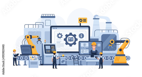 Smart Factory Automation System: Robotic Arms and Engineers Managing Modern Industrial Production