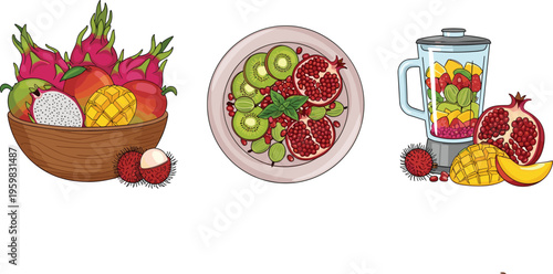 Hand Drawn Tropical Fruit Harvest and Smoothie Preparation Vector Set Featuring Dragon Fruit Mango Pomegranate and Blender for Healthy Lifestyle Graphic Designs
