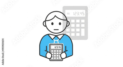 Illustration of a person holding a calculator with a focused expression.