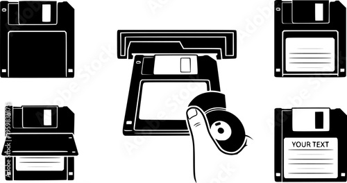 Floppy disk icons showing insertion and standalone on white background Keywords: floppy disk, diskette, storage