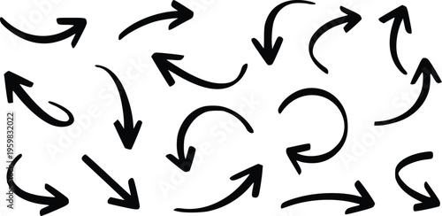 Hand Drawn Arrow Set Vector Collection, Doodle Direction Arrows, Curved and Straight Arrows Icons Isolated on White Background