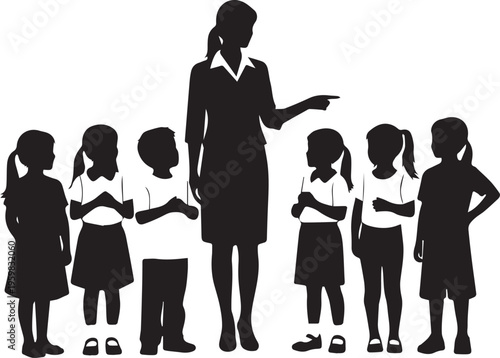 School teacher showing direction to group of kids, children learning in classroom vector silhouette illustration