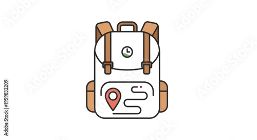 Illustration of a white backpack with brown straps and a map icon.