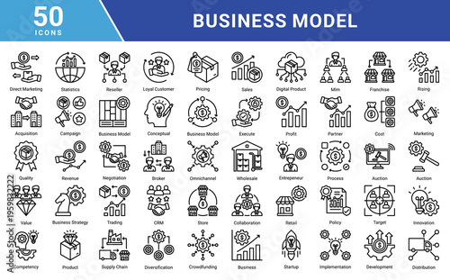 Business Model icon set featuring marketing,sales,revenue,distribution,startup,partnership,customer management,and innovation concepts.Ideal for business presentations,web,apps,and corporate design.