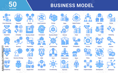 Business Model icon set featuring marketing,sales,revenue,distribution,startup,partnership,customer management,and innovation concepts.Ideal for business presentations,web,apps,and corporate design.