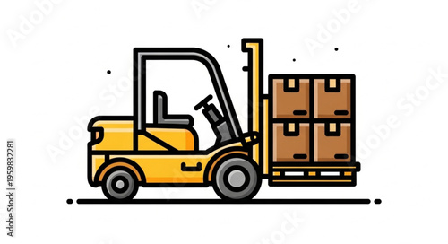 Illustration of a Yellow Forklift Carrying Stacked Boxes on a Pallet.