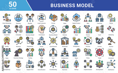 Business Model icon set featuring marketing,sales,revenue,distribution,startup,partnership,customer management,and innovation concepts.Ideal for business presentations,web,apps,and corporate design.