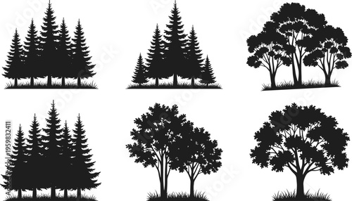 Set of pine and deciduous tree silhouettes, forest nature elements, evergreen spruce and oak foliage, cad drawing flat vector illustration,