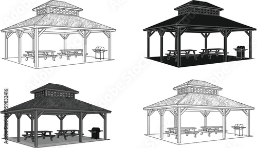 Set of wooden gazebo outlines and silhouettes featuring picnic tables and a barbecue grill for outdoor park and backyard garden landscaping designs