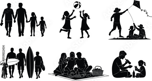 Silhouettes of families and friends enjoying summer beach activities like surfing, flying kites, playing ball, and having a picnic on white background