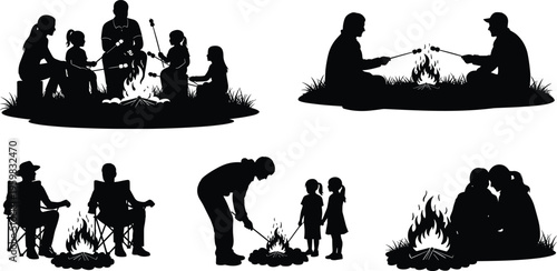 Silhouettes of families and friends sitting around campfires roasting marshmallows and relaxing outdoors during summer camping trips on a white background
