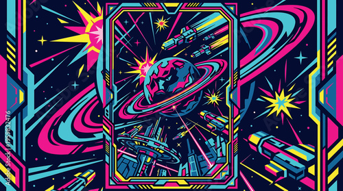 Vibrant illustration of a spaceship isolated on transparent background with swirling planets and stars in a colorful galaxy scene