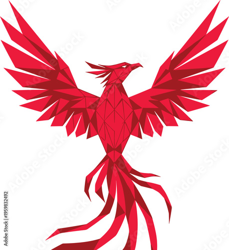 Red phoenix firebird vector illustration with geometric low poly design style isolated on white background for mythical fantasy branding creative logo and startup projects