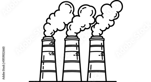 Industrial Chimneys Emitting Smoke - A Black and White Illustration.