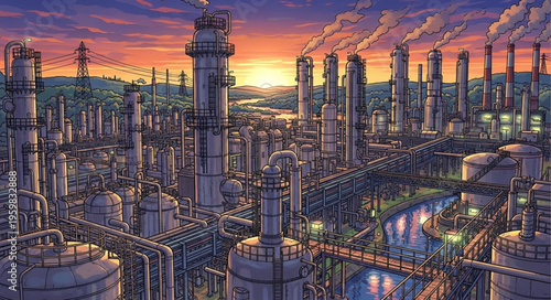 Industrial Cityscape at Sunset - A Vision of Futuristic Industry.
