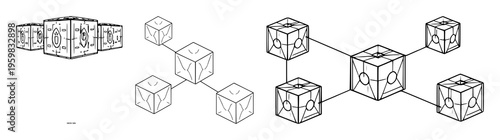 Abstract line art of a series of blockchain data cubes, secure ledger theme, geometric minimalist, isolated on white. set with simple line art design featuring line art, illustrations, graphic reso...