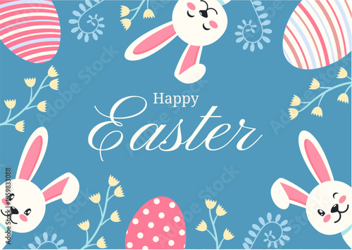 Cute Happy Easter Background with Bunny and Colorful Eggs – Spring Holiday Floral Pattern