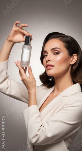Cosmetic advertise mockup woman holding serum bottle for skincare product promotion and marketing strategy