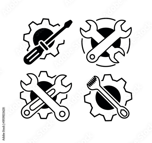 ector service and repair icons, wrench screwdriver gear and tool symbols, clean minimal design with editable strokes, scalable illustrations for maintenance, settings, repair, and technical support...