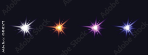 Glowing Starburst Light Effects Set – Abstract Lens Flare Sparkles in White, Gold, Pink and Blue
