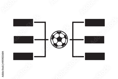 Soccer tournament playoff bracket with ball and blank team name fields, black and white flat vector illustration