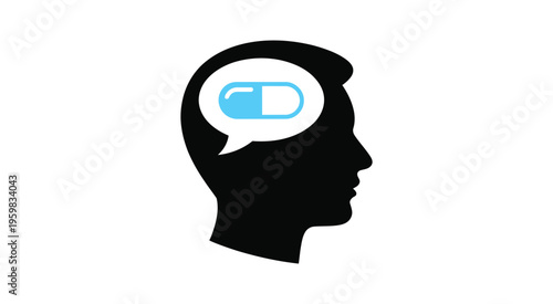 Black silhouette icon showing human head with capsule pill, symbolizing medication effect on mind, healthcare treatment and pharmaceutical therapy concept.