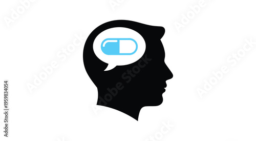 Black silhouette icon showing human head with capsule pill, symbolizing medication effect on mind, healthcare treatment and pharmaceutical therapy concept.