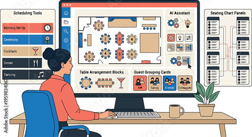A woman sitting at a desk in front of a large computer monitor isolated on transparent background