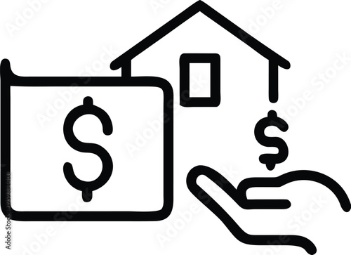 A black outline depicts a hand holding money near a house symbolizing financial investment and property ownership high quality professional detailed modern elegant stylish clean crisp